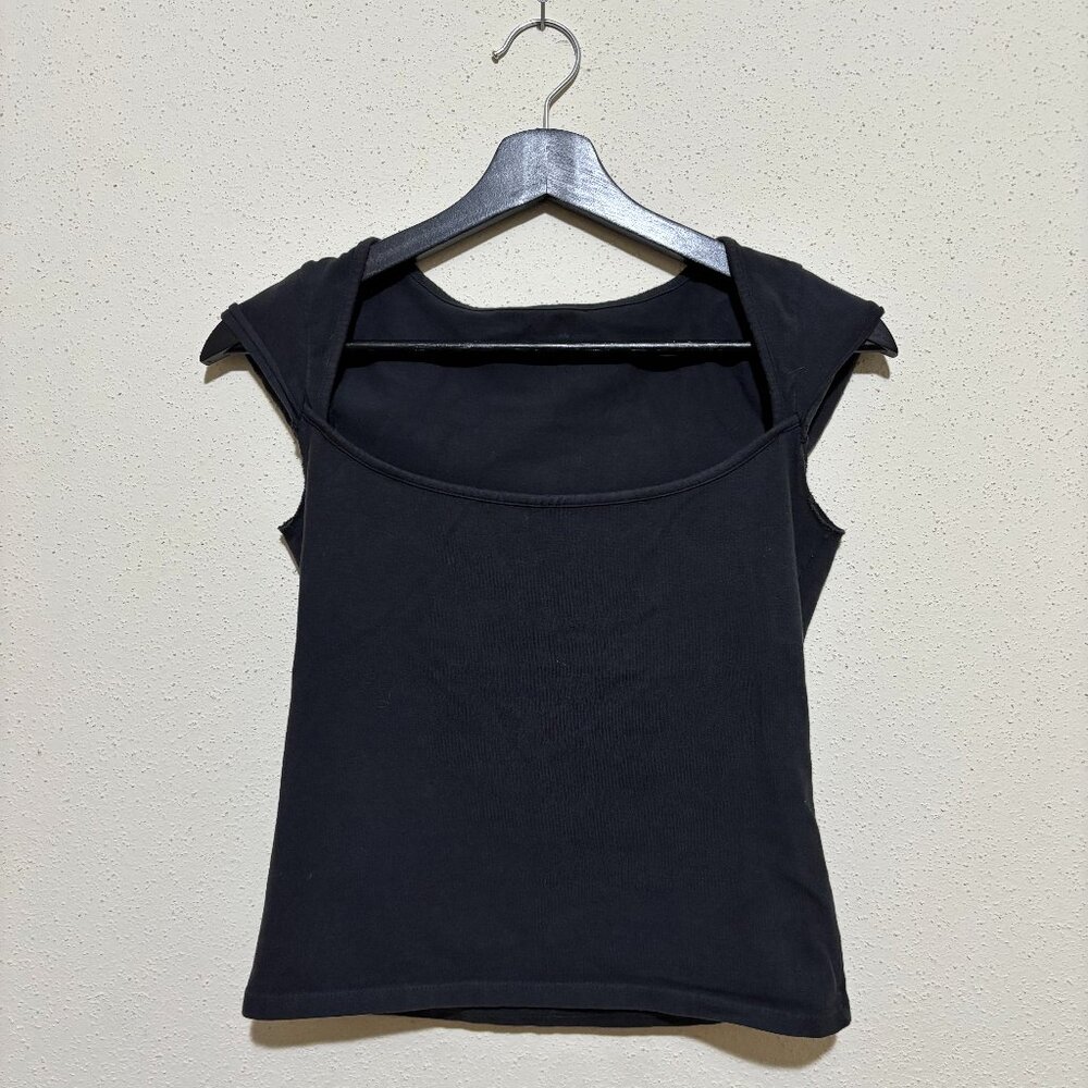 Black, wide square neck tee with cap sleeves